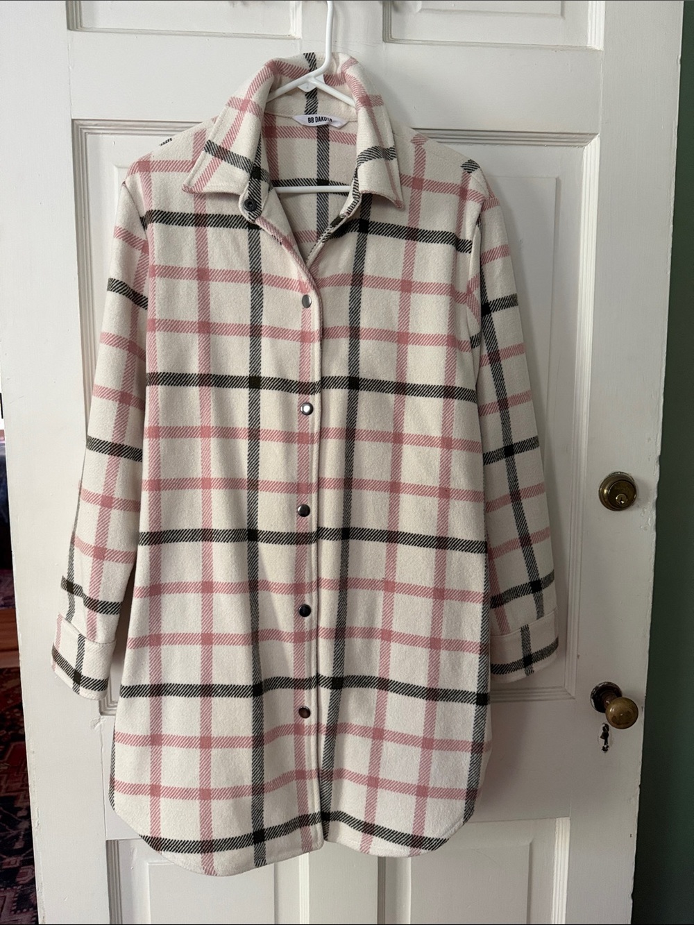 BB Dakota Cream Plaid Button-Up Shacket with Pink and Black Checks